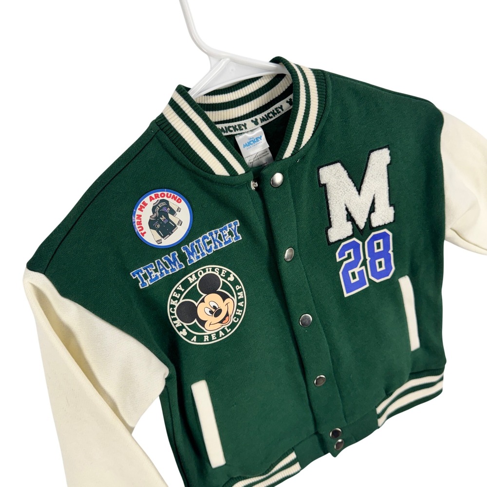 Disney Mickey Mouse Kids Varsity Jacket Green Cream Letterman 4T